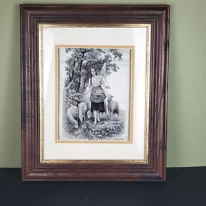 D'Apres F Lematte Woven Silk Tapestry Solid Wood Frame Gold Trim Girl & Sheep - Picture 1 of 7