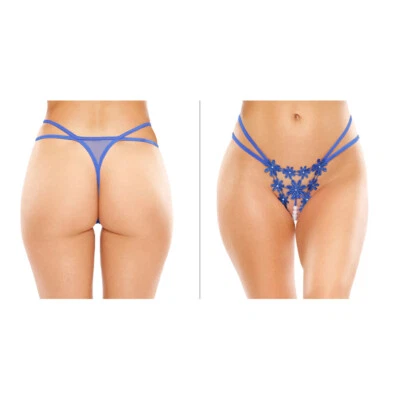 Fantasy Lingerie Aster Crotchless Strappy Flower Pearl Thong Panty Royal - Image 1 of 3