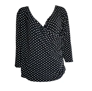 Evie Top Womens Plus Size 1X Black White Polka Dot 3/4 Sleeve Pullover - Picture 1 of 6