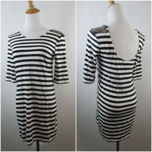 BEBE Womens sz Small Black White Striped Embellished Shoulder Low Back Dress - Picture 1 of 10