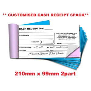 **PERSONALISED** NCR Cash Receipt Duplicate Book 99mm x 210mm 6 PACK - Picture 1 of 4