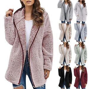 Women Artificial Wool Coat Solid Color Hooded Sweatershirt Full Zip Warm Jacket