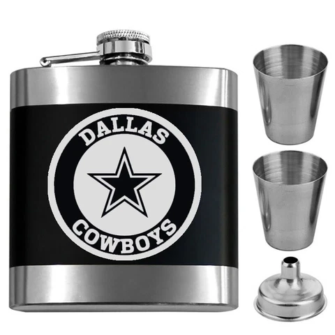 Laser Engraved Dallas Cowboys 4 Pc. Gift Set Stainless Steel Gift Flask Bottle Cover