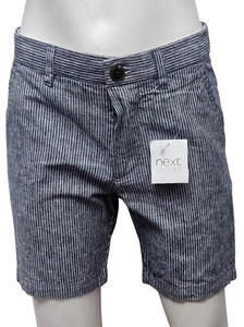 NEXT Kids Boys Striped Tailored Linen Cotton Fly Front Grey White Shorts - Picture 1 of 2