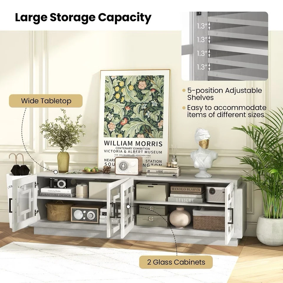 4-Door Glass Entertainment Center Farmhouse TV Stand for TVs up to 75" Oak White - Image 1 of 4