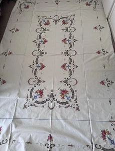 Vintage Rose Floral Embroidered Cross Stitch Tablecloth 102" X 66 - Picture 1 of 9