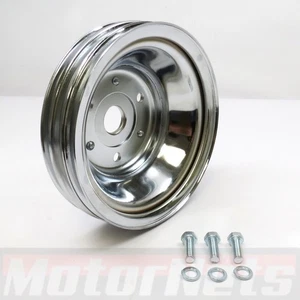 SB Chevy LWP Crankshaft Pulley SBC 3 Triple Groove Crank Long Water Pump Chrome - Picture 1 of 6
