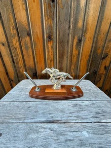 Art Deco Heavy Metal Equestrian/ Horse Pen Stand on Fine Wooden Stand - Picture 1 of 5