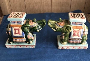 Vintage Paar asiatische Elefanten Pflanzenständer Buchstützen Keramik Vietnam verzierte Statuen - Bild 1 von 11