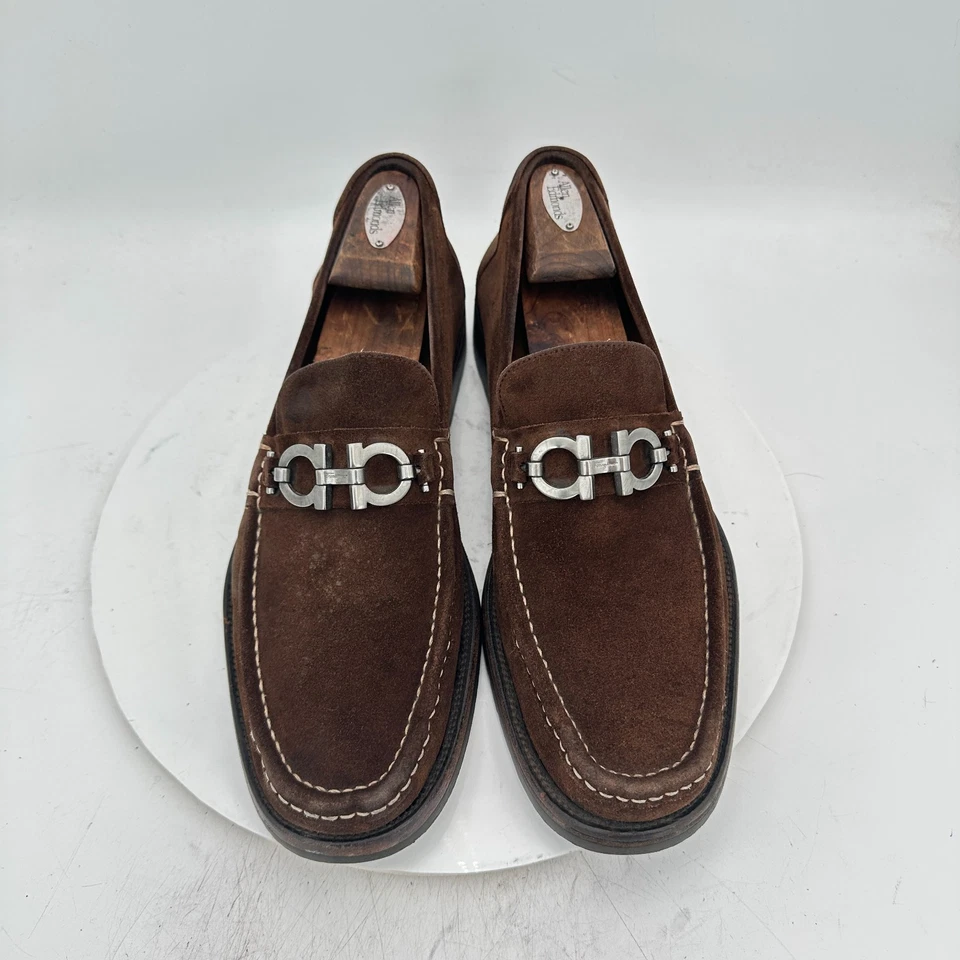 Salvatore Ferragamo Men Size 12D Brown Suede Silver Horsebit Loafer Dress Shoes - Image 1 of 4