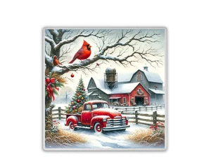 8' Square Tempered Glass Cutting Board-Christmas-Cardinal-Red Truck-Kitchen-Gift - Picture 1 of 1