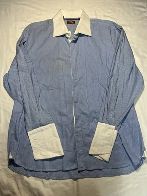 Camisa de vestir Steven Land para hombre 17,5 puño francés cuello blanco manga larga azul Foto 1 de 4