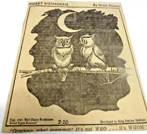 Cartoon Walt Disney Merry Menagerie B&W Bob Grant Comics Newspaper 1947 Owls - Imagen 1 de 2