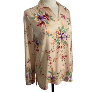 Ship n Shore Vintage 70s Floral Blouse Pullover Damen 12 Peach Wide Collar - Bild 1 von 9