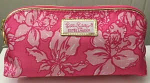 New Lilly Pulitzer for Estee Lauder PINK Floral Cosmetic bag Gold Trim Zip Top - Picture 1 of 3
