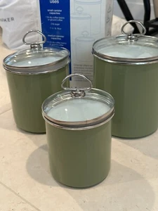 Chantal 3 Piece Green Enamel on Steel Canister Set w/Airtight Glass Lids NIB - Picture 1 of 11