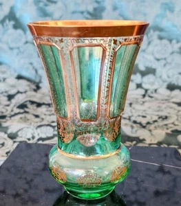 MOSER Art Deco grün & gold 8 getäfeltes Glas mit Goldvergoldung rundum + fein 40er Jahre - Bild 1 von 16