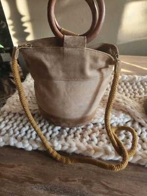 Lucky Brand Suede Bucket Bag, Boho, Retro Wood Handles Crossbody  - Image 1 of 4