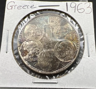 Moneda de plata Grecia 30 Dracmai 1963 elección AU sobre UNC tono arco iris OBV Foto 1 de 4