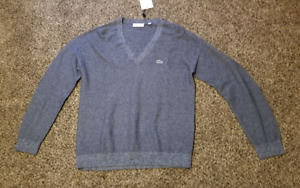 Lacoste V-Neck Texturized Cotton Sweater Navy White Women's Size 40  8 NEW