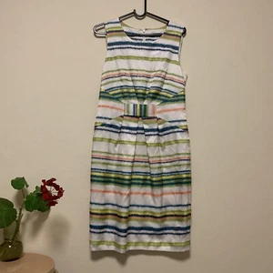 Jigsaw Stripey Shift Dress 8-10 White Multicolour Satiny Rayon Linen Empire Line - Picture 1 of 11