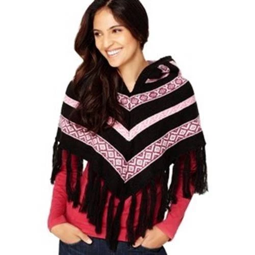 American Rag Juniors Poncho Black Print Fringed Hooded Knit Pullover One Size - Image 1 of 1