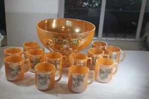 Vintage Tom & Jerry Orange Carnival Glass Bowl Set w/12 Cups Christmas Egg Nog - Picture 1 of 6