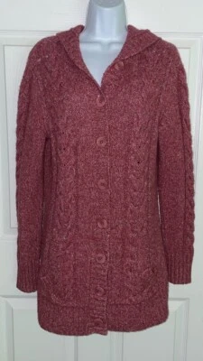 LL Bean Sz Medium Red Wool Blend Hooded Cable Knit Cardigan Sweater Pockets EUC - Image 1 of 4