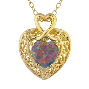 14Kt Gold Black Opal Heart Design Pendant Necklace - Picture 1 of 9