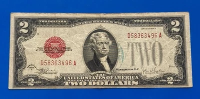 1928 F $ 2 DOLLAR RED SEAL  Block D-A , CIRCULATED - Image 1 of 3