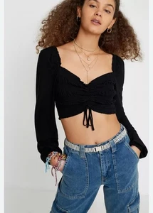 Urban Outfitters Damen gerafftes Langarmshirt in Schwarz Größe Small E4 - Bild 1 von 8
