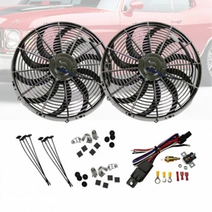 2 Packs 16" Chrome S Blade HD Electric Radiator Cooling Fan w/ Thermostat Kit - Picture 1 of 7
