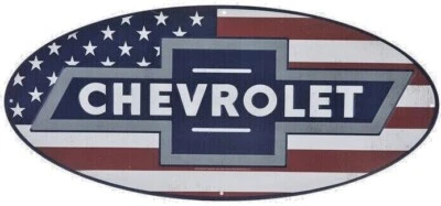 CHEVROLET AMERICAN FLAG Oval Embossed Metal Sign Vintage Style Man Cave Garage - Image 1 of 3