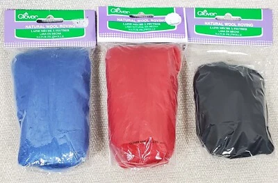 Clover NATURAL WOOL ROVING Needle FELTING 3 NEW .7 oz Pkg. Blue, Red, Black - Image 1 of 2