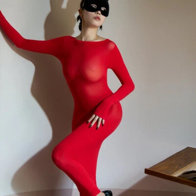 Vestido largo ceñido al cuerpo elástico bodystocking de terciopelo transparente 120D para mujer ropa de club nocturno Foto 1 de 4