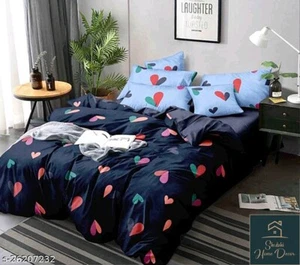 Indian Cotton Double Hearts Bed Sheet Bed Spread with 2 pillow cover Multicolor - Picture 1 of 3