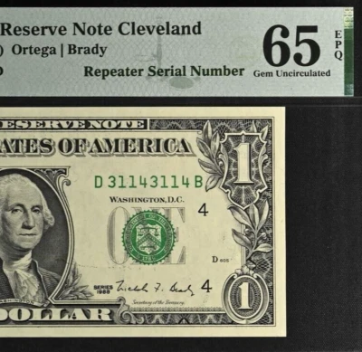 1988 $1 Federal Reserve Note PMG 65EPQ gem repeater serial number 31143114 - Image 1 of 3