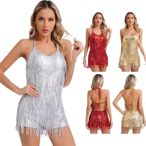 Womens Bodysuit 1920s Jumpsuits Shiny Rompers Metallic Fringe Tango Dancewear - Picture 1 of 54