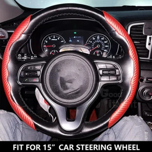 15" Carbon Fiber Red Car Steering Wheel Cover Anti Slip For Kia Sportage Forte - Bild 1 von 15