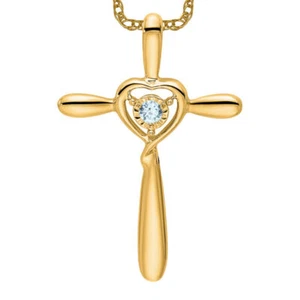 14K Solid Yellow Gold Aquamarine Cross Heart Floating Chain Slide Necklace - Picture 1 of 12