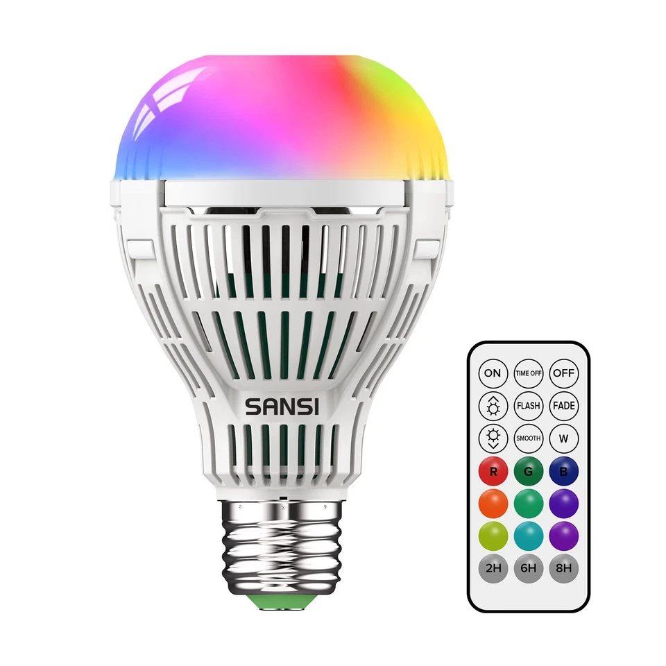 SANSI RGB Light Bulb Timing Dimmable 2000LM 120W Equiv. A21 LED Color W/Remote - Image 1 of 4