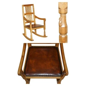 VINTAGE ROBERT MOUSEMAN THOMPSON ROCKING ARMCHAIR HAND DYED BROWN LEATHER SEAT - Picture 1 of 19