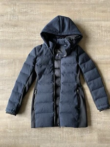 Zac Posen Womens Down puffer Coat XS Black Blue Long Parka removable hood - Picture 1 of 17