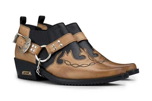 Men's Leather Cowboy Shoes Black Tan Croc Cuban Biker Punk Winklepickers Western - Picture 1 of 6