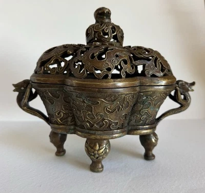 Antique Chinese Bronze Censer Incense Burner Ornate W/Foo Dog & Dragons Qianlong - Image 1 of 4