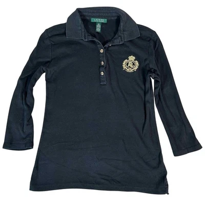 Camisa Polo Lauren Ralph Lauren Negra Manga Larga Escudo Logo Top Mujer S Pequeña Foto 1 de 4