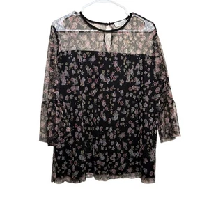 Shannon Ford Blouse Women's XL Mesh 3/4 Sleeve Lined Sheer Floral Boho - Picture 1 of 8