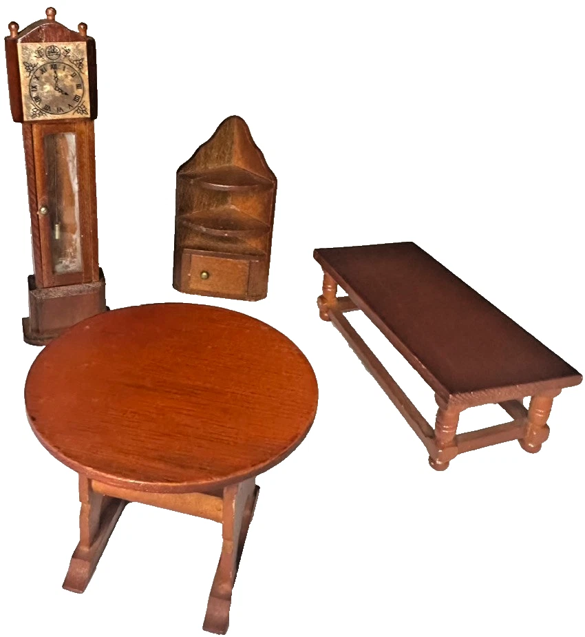Vintage Dollhouse Living Room Set: Clock, Corner Cabinet, Flip-Top Table & Bench - Image 1 of 4