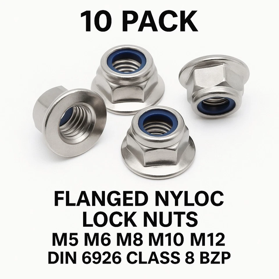 10 Pack of Flanged Nyloc Nylock Lock Nuts M5 M6 M8 M10 M12 DIN6926 Class 8 BZP - Image 1 of 1