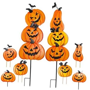 2 Pack Halloween Garden Stakes, Stacked Metal Pumpkins Jack-o-Lantern Lawn - Picture 1 of 7